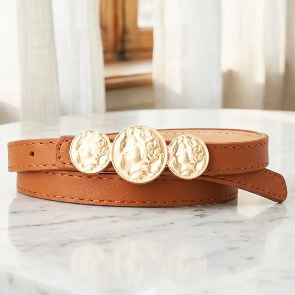 Ladies Fashionable Coin Brown Skinny Belt
